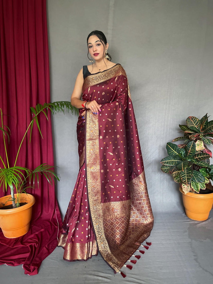 Bright Maroon Pure Soft Silk Saree with Triple Zari Weaving - PAHRAVA