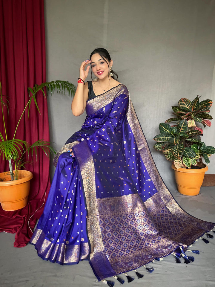 Ink Blue Pure Soft Silk Saree with Triple Zari Weaving - PAHRAVA