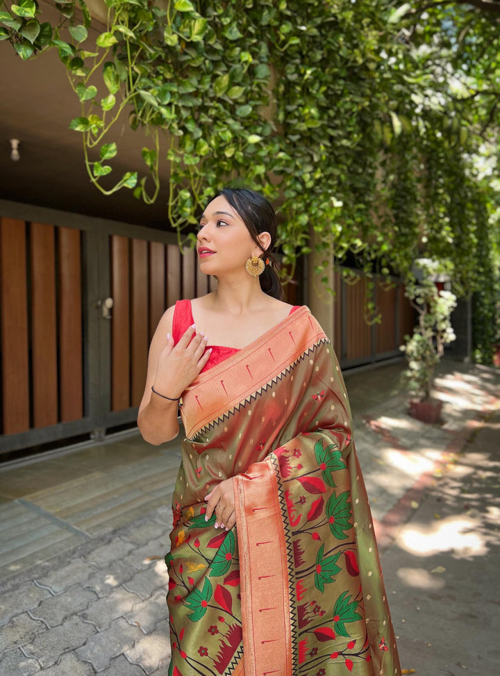 Deep Brown Pure Banarasi Paithani Silk Saree - PAHRAVA