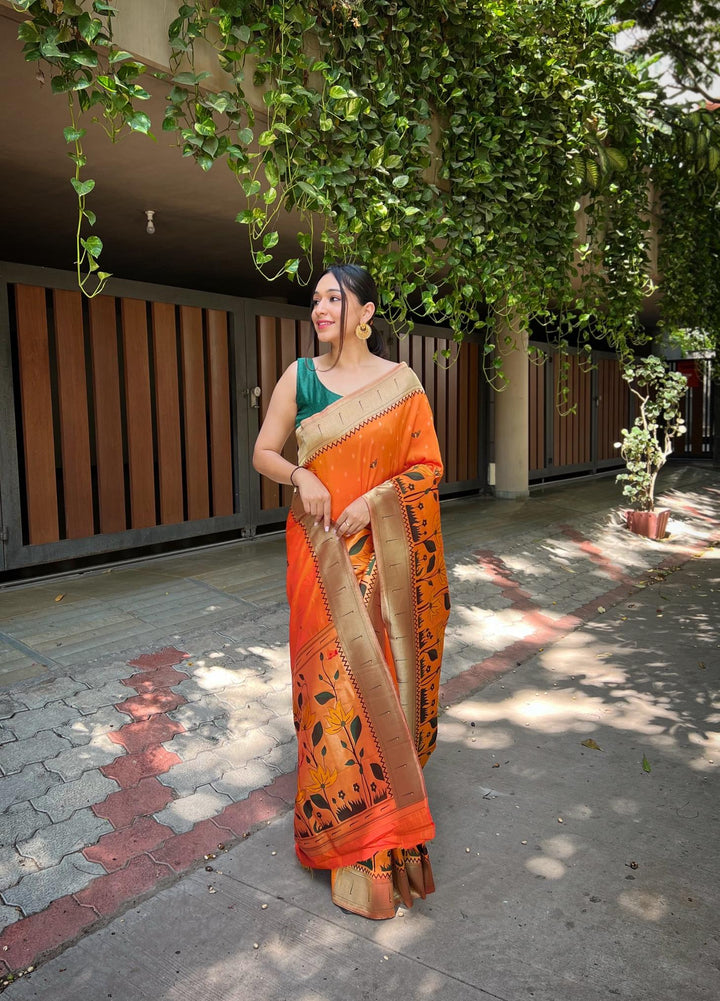 Tangy Orange Pure Banarasi Paithani Silk Saree - PAHRAVA