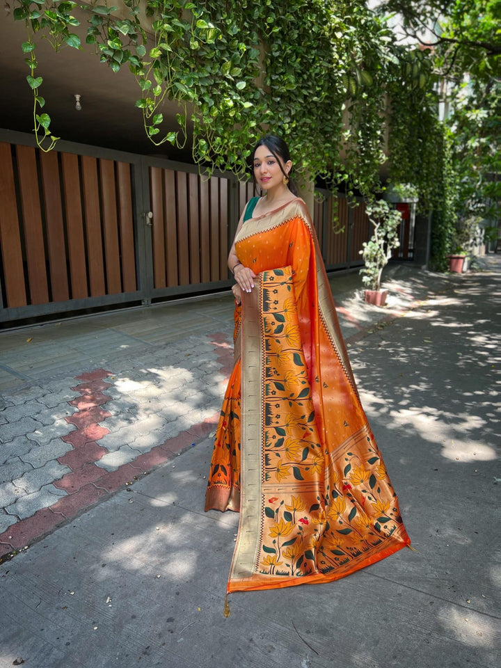 Tangy Orange Pure Banarasi Paithani Silk Saree - PAHRAVA