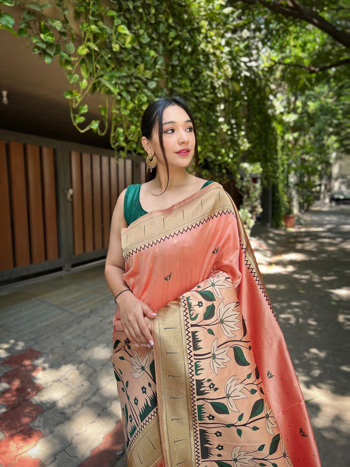 Light Peach Pure Banarasi Paithani Silk Saree - PAHRAVA