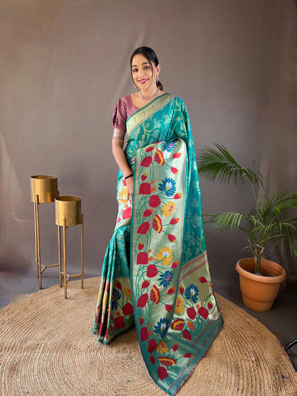 Teal Blue Pure Soft Paithani Silk Saree - PAHRAVA