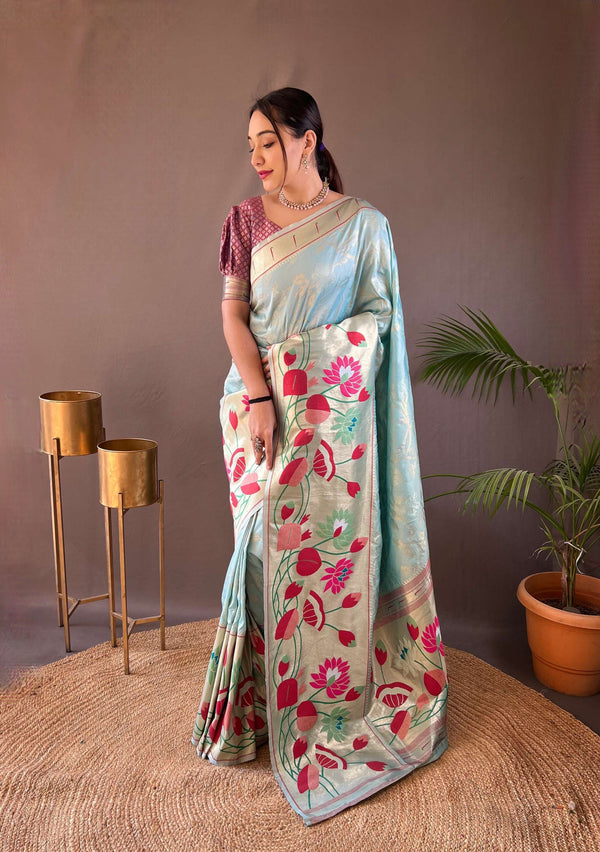 Sky Blue Pure Soft Paithani Silk Saree - PAHRAVA