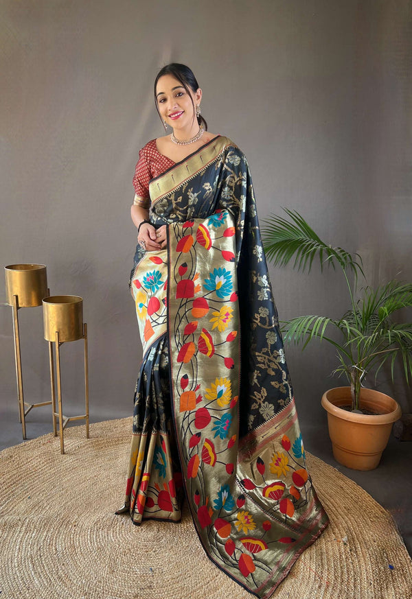 Deep Grey Pure Soft Paithani Silk Saree - PAHRAVA