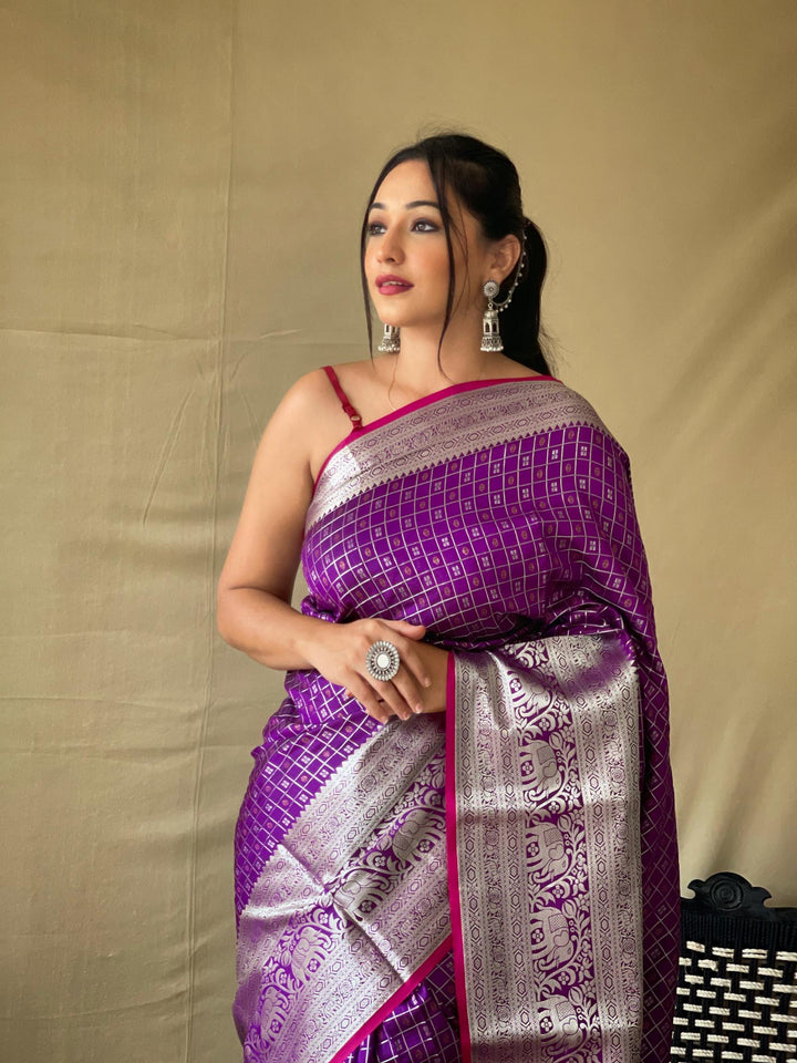 Pure Purple Khicha Checks Silk Saree - PAHRAVA