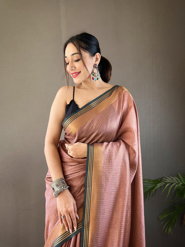 Plum Peach Soft Silk Sarees with Zari Chex Weaving - PAHRAVA