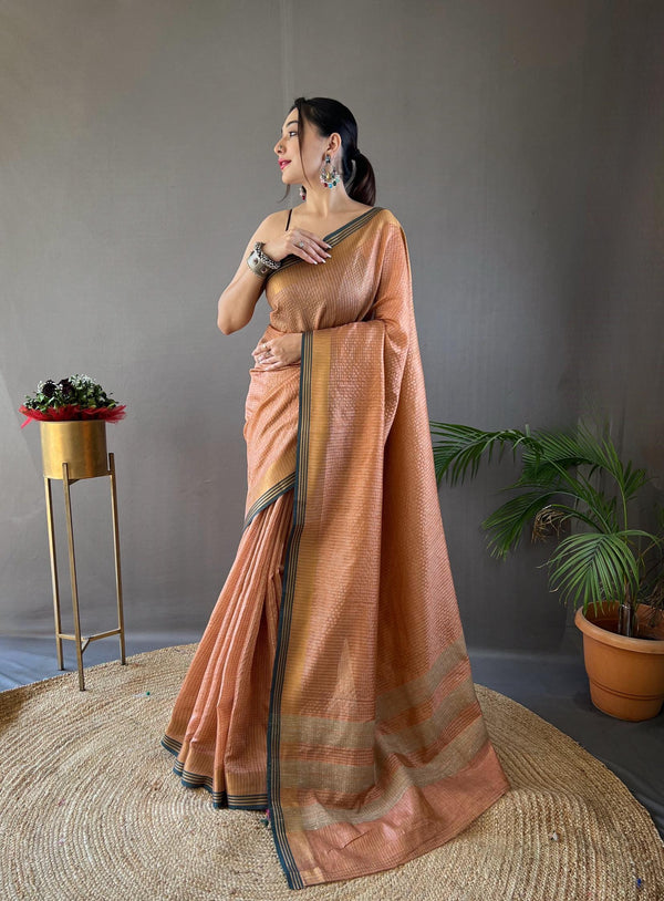 Dusk Orange Soft Silk Sarees with Zari Chex Weaving - PAHRAVA