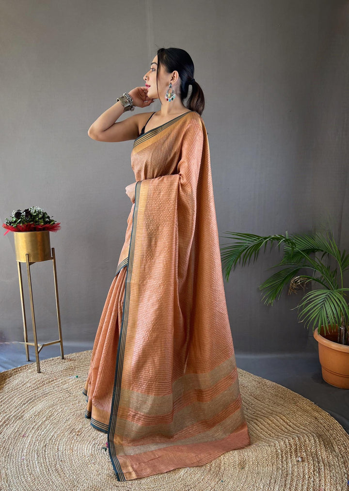 Dusk Orange Soft Silk Sarees with Zari Chex Weaving - PAHRAVA