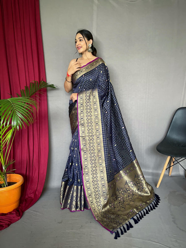 Navy Blue Kanjeevaram Handloom Silk Saree - PAHRAVA