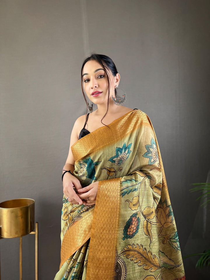 Greenish Grey Hand-painted Kalamkari Tussar Silk Saree - PAHRAVA