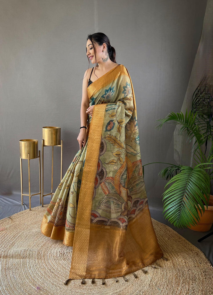 Greenish Grey Hand-painted Kalamkari Tussar Silk Saree - PAHRAVA