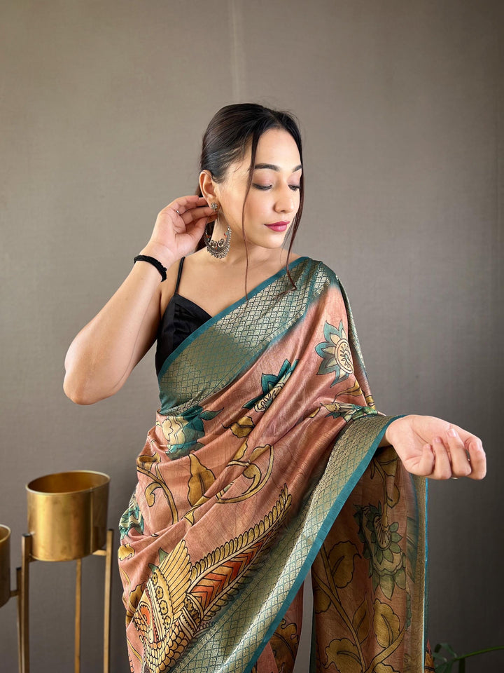 Greenish Peach Hand-painted Kalamkari Tussar Silk Saree - PAHRAVA