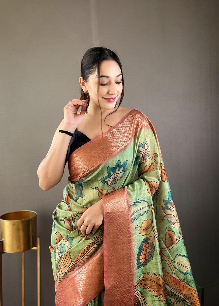 Pista Green Hand-painted Kalamkari Tussar Silk Saree - PAHRAVA