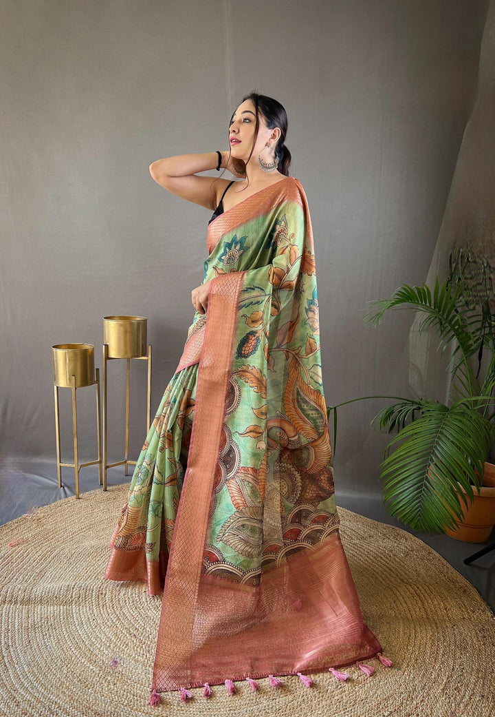 Pista Green Hand-painted Kalamkari Tussar Silk Saree - PAHRAVA