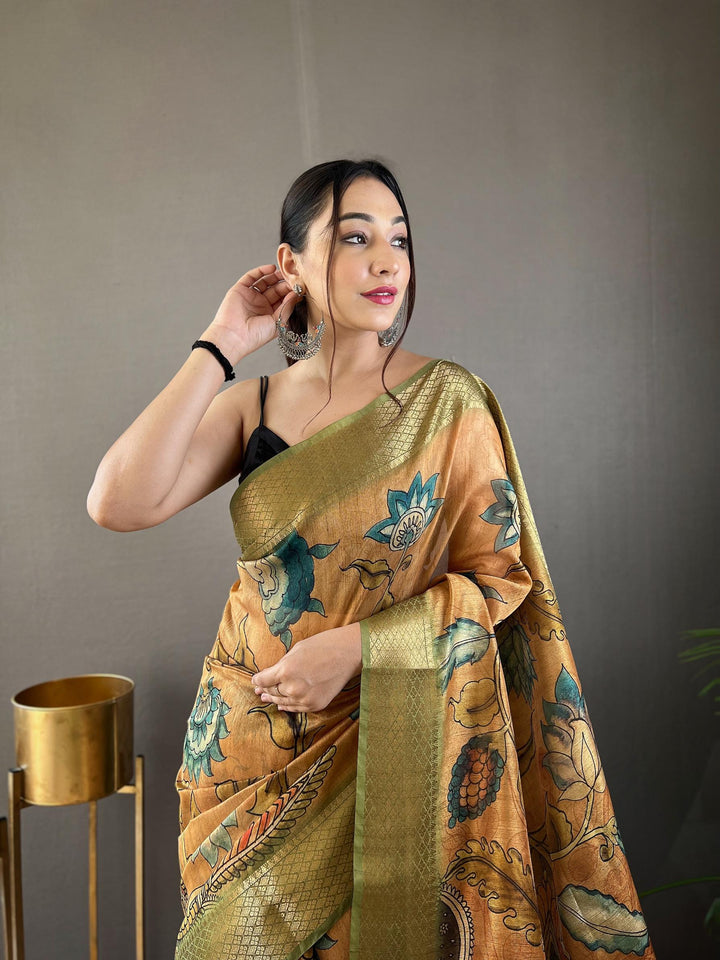 Dusk Orange Hand-painted Kalamkari Tussar Silk Saree - PAHRAVA