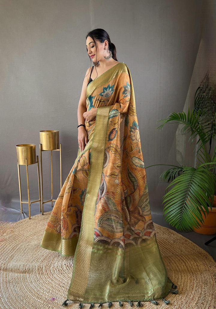 Dusk Orange Hand-painted Kalamkari Tussar Silk Saree - PAHRAVA