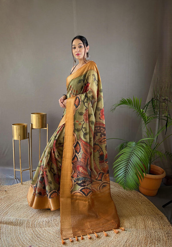 Green With Gold Border Hand-painted Kalamkari Tussar Silk Saree - PAHRAVA