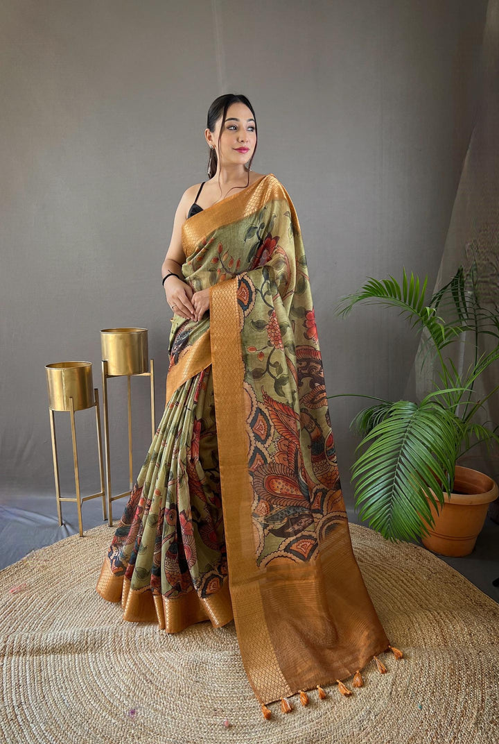 Green With Gold Border Hand-painted Kalamkari Tussar Silk Saree - PAHRAVA