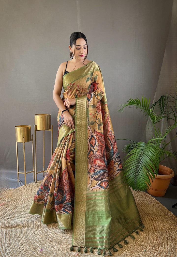 Gold With Green Border Hand-painted Kalamkari Tussar Silk Saree - PAHRAVA