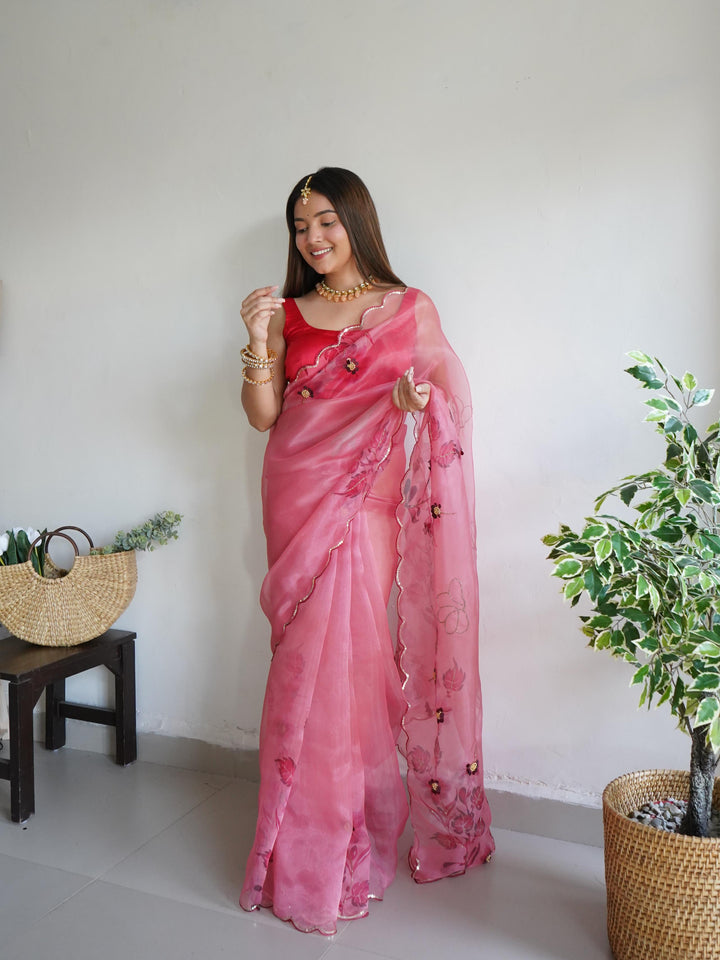 Charm Pink Soft Pure Organza Handwork With Digital Print Saree - PAHRAVA