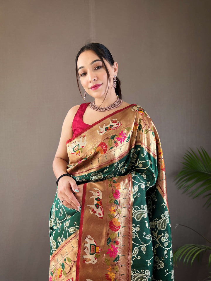 Leafy Green Paithani And Patola Silk Saree - PAHRAVA