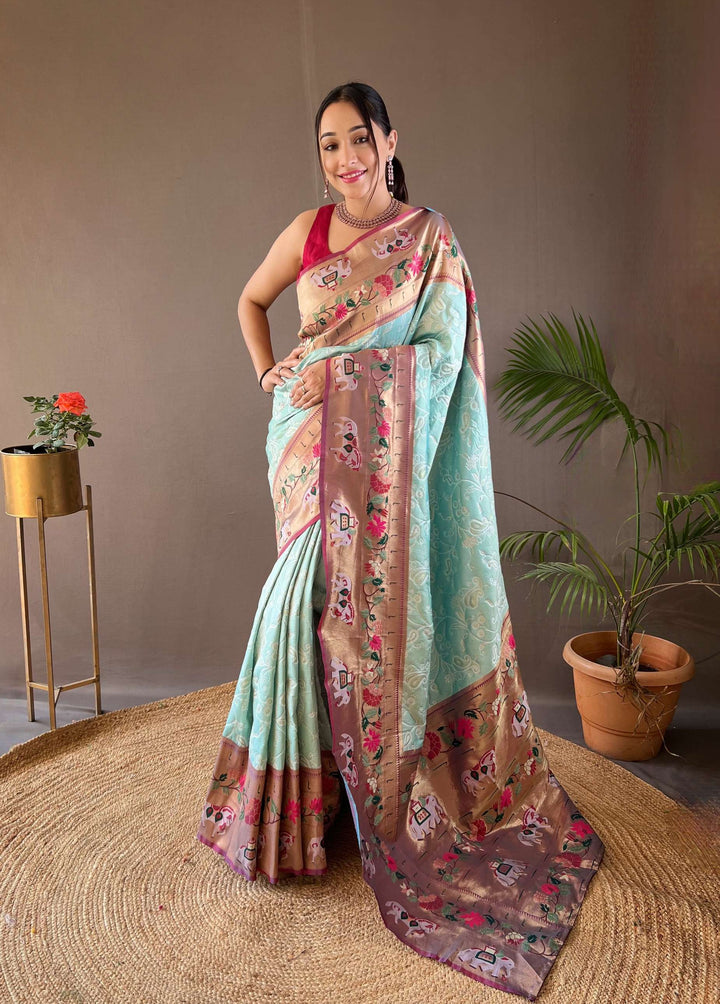 Sky Blue Paithani And Patola Silk Saree - PAHRAVA