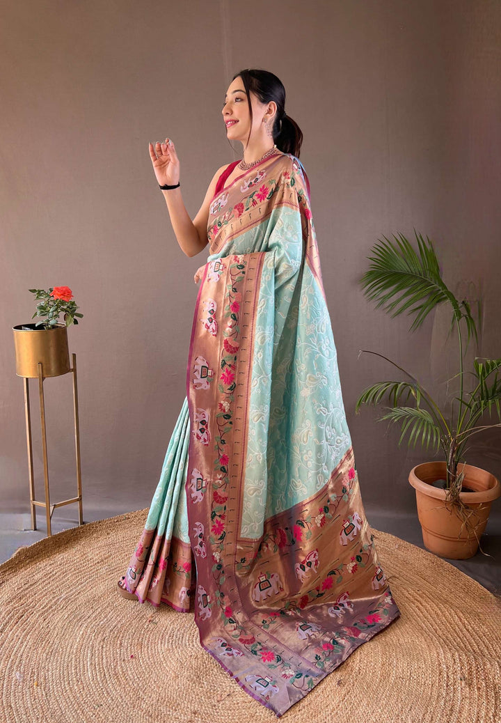 Sky Blue Paithani And Patola Silk Saree - PAHRAVA