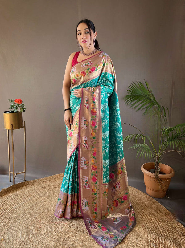 Rama Green Paithani And Patola Silk Saree - PAHRAVA