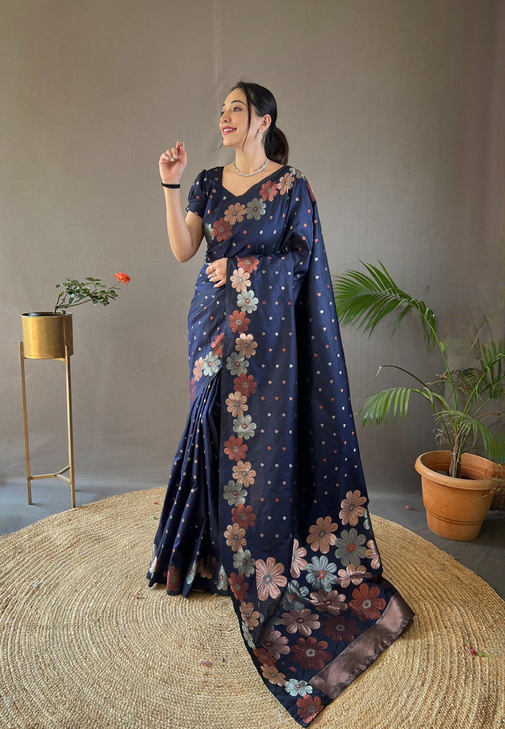 Indigo blue soft silk saree with gold and copper weaving - PAHRAVA