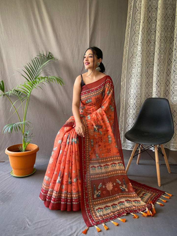 Bright Orange Kalamkari Printed Malai Cotton Saree - PAHRAVA