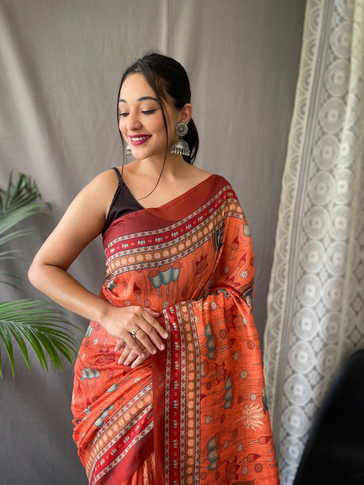 Bright Orange Kalamkari Printed Malai Cotton Saree - PAHRAVA