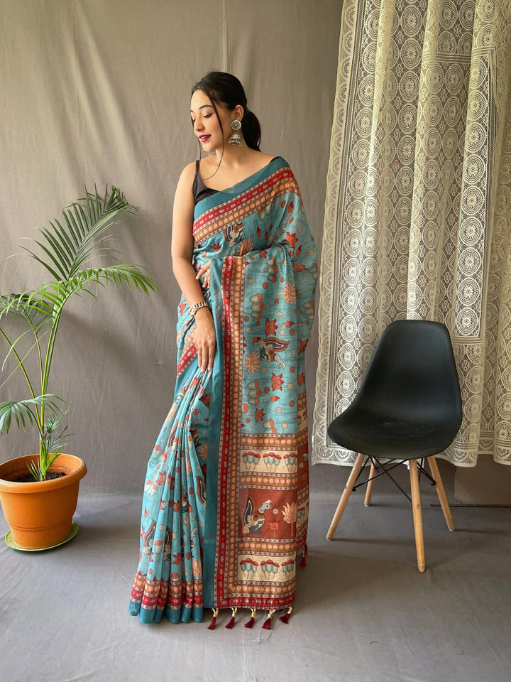 Sea Blue Kalamkari Printed Malai Cotton Saree - PAHRAVA