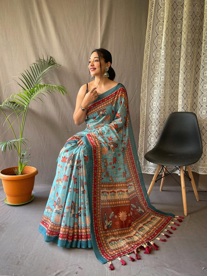 Sea Blue Kalamkari Printed Malai Cotton Saree - PAHRAVA