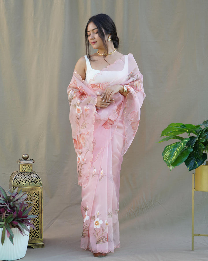 Baby Pink Organza Silk With Hand Printed Saree - PAHRAVA