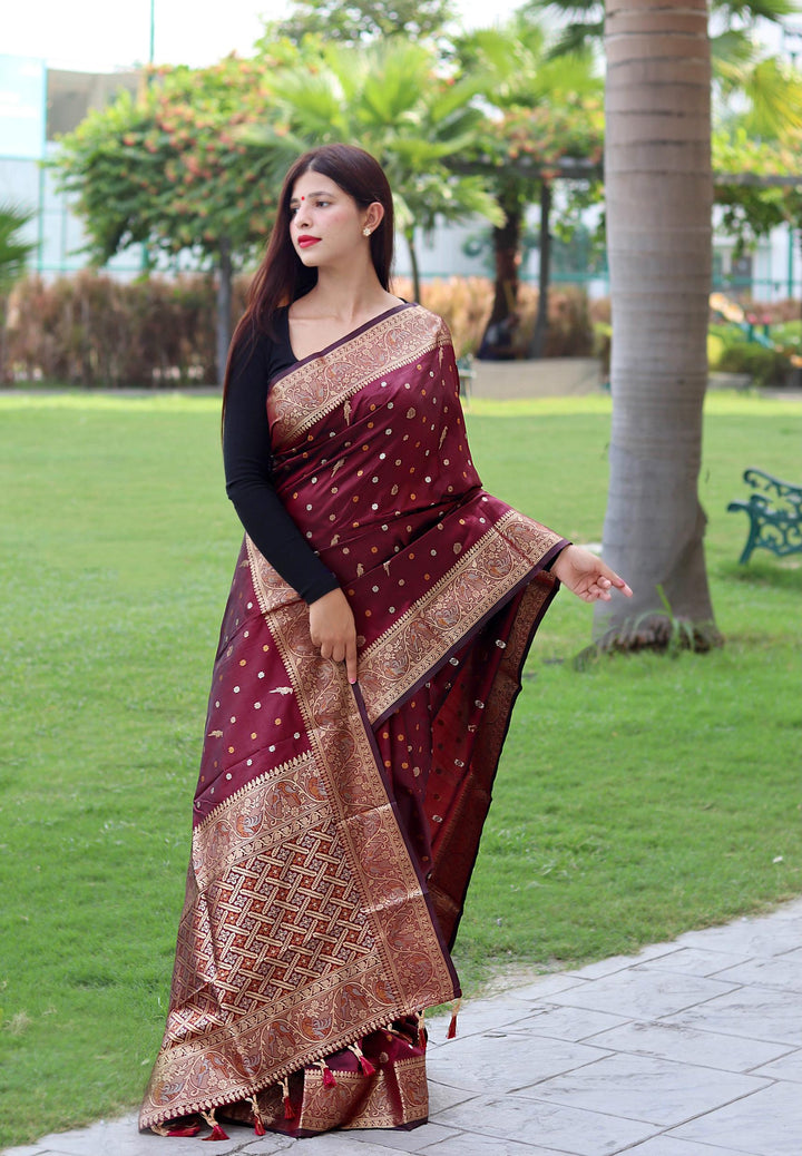 Bright Maroon Pure Soft Silk Saree with Triple Zari Weaving - PAHRAVA