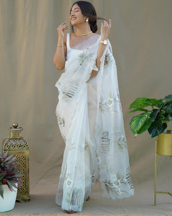 Pearl White Organza Silk With Hand Printed Saree - PAHRAVA