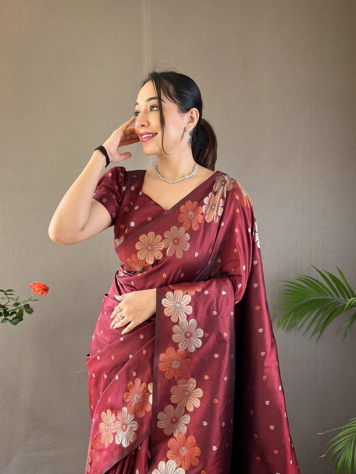 Maroon soft silk saree with gold and copper weaving - PAHRAVA