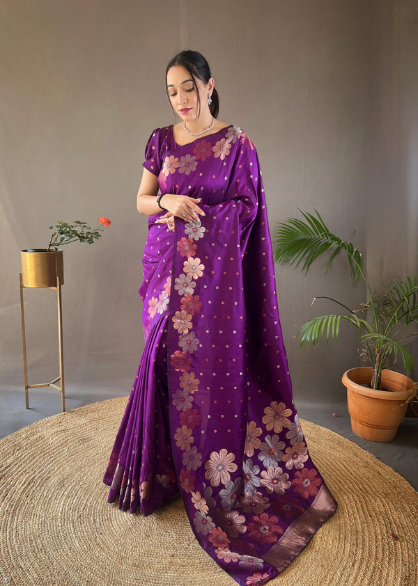 Deep purple soft silk saree with gold and copper weaving - PAHRAVA