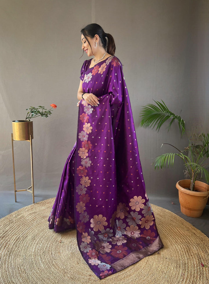 Purple soft silk saree with gold and copper weaving - PAHRAVA