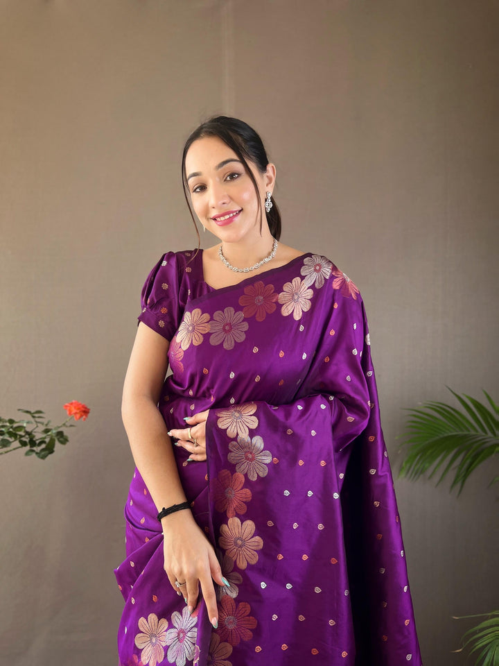 Purple soft silk saree with gold and copper weaving - PAHRAVA