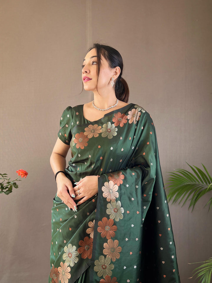 Antique green soft silk saree with gold and copper weaving - PAHRAVA