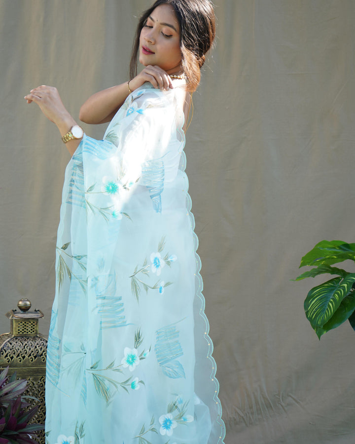 Sky Blue Organza Silk With Hand Printed Saree - PAHRAVA