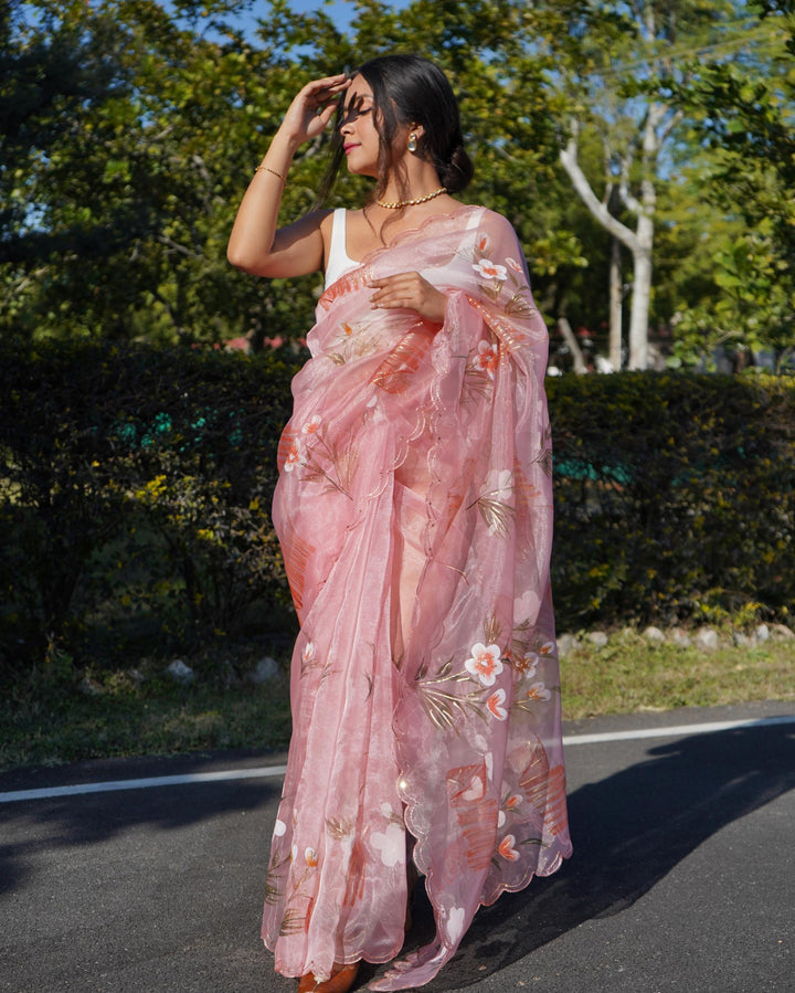 Baby Pink Organza Silk With Hand Printed Saree - PAHRAVA