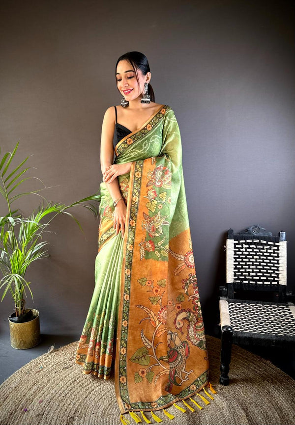 Parrot Green Cotton Jari Tissue Bandhej Kalamkari Printed Saree