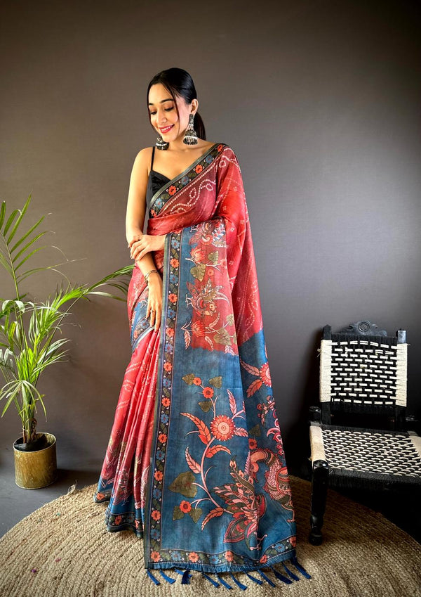 Red With Blue Cotton Jari Tissue Bandhej Kalamkari Printed Saree