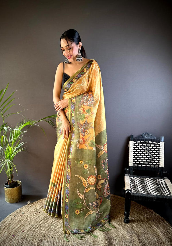 Mustard Yellow Cotton Jari Tissue Bandhej Kalamkari Printed Saree