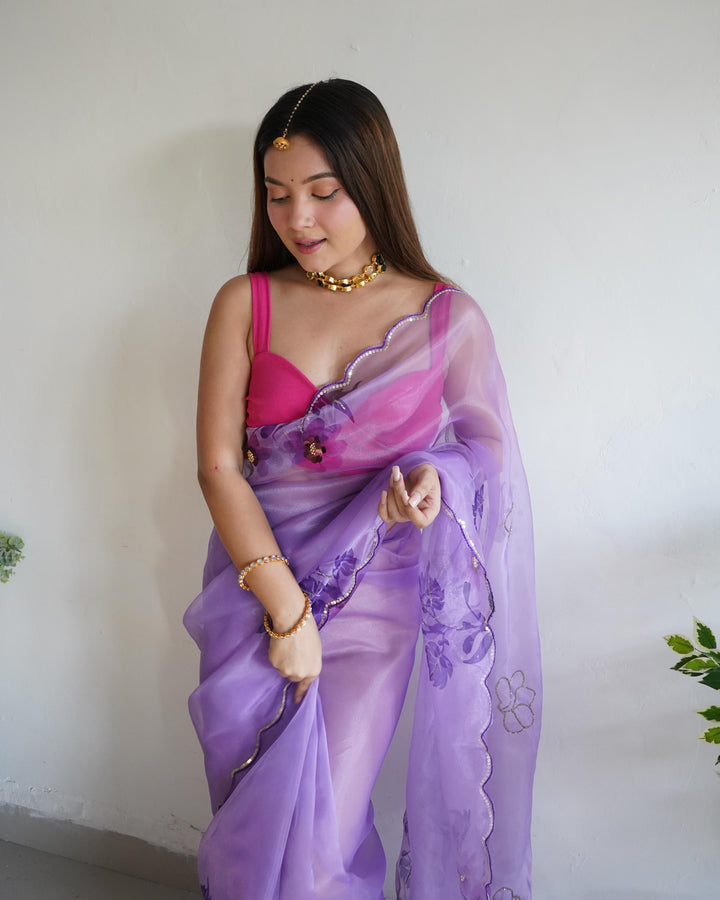 Light Lavender Soft Pure Organza Handwork With Digital Print Saree - PAHRAVA