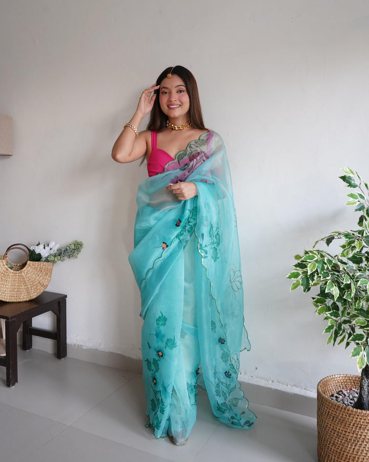 Sky Blue Soft Pure Organza Handwork With Digital Print Saree - PAHRAVA