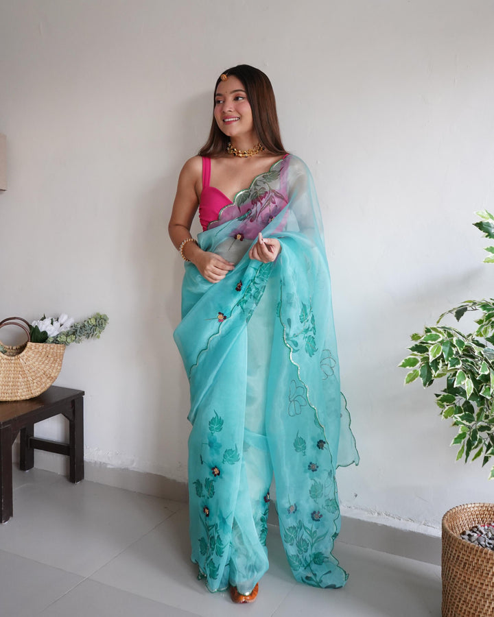 Sky Blue Soft Pure Organza Handwork With Digital Print Saree - PAHRAVA